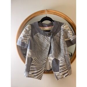 Tulle Short Sleeve Jacket Womens Medium Grey Cream Excellent Peplum Art Print